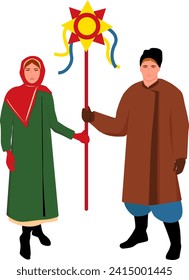 Young Ukrainian man and woman in ethnic winter clothes. Christmas Star. Ukrainian traditional Christmas eve carols. Ukrainian Vertep. Vector illustration