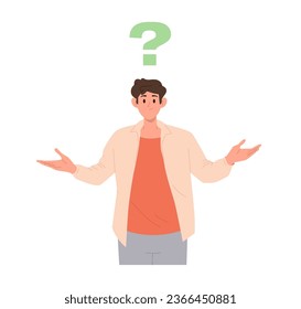 Young uncertain man cartoon character with huge question mark pondering having problem or trouble
