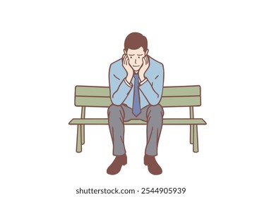 Young unhappy business man sitting on bench with head in hands feeling depressed. Hand drawn style vector design illustrations.