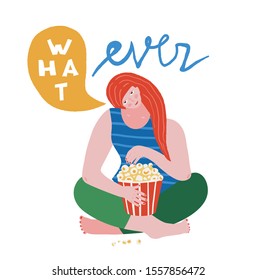 Young unhappy girl sitting eating popcorn saying whatever color blocks vector modern colorful design. Young woman dieting eating popcorn with speech bubble whatever quote. Vector print design concept.