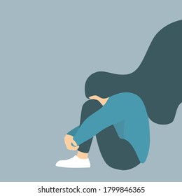 Young unhappy girl sitting and hugging her knees. Depressed teenager. Sad lonely Woman in depression with flying hair vector illustration.