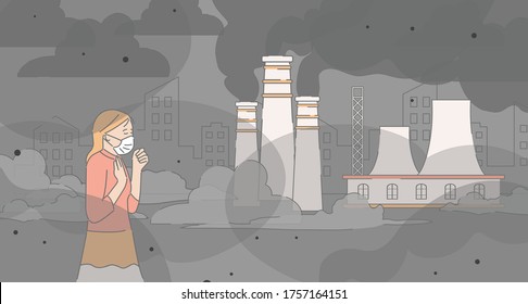 Young unhappy girl wearing protective face mask and walking near factory pipes vector cartoon outline illustration. Air pollution, city smog, fine dust, pollutant gas emission concept.