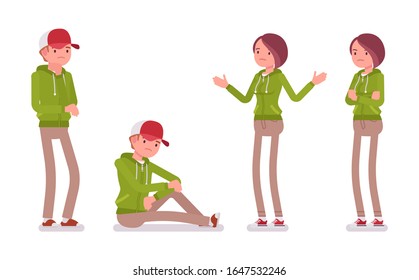 Young unhappy man and sad woman wearing a hoodie jacket in negative emotions. Cute smart people in casual green hoody, youth city fashion hooded sweatshirt. Vector flat style cartoon illustration