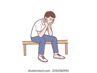 Young unhappy man sitting on bench with head in hands feeling depressed. Hand drawn style vector design illustrations.