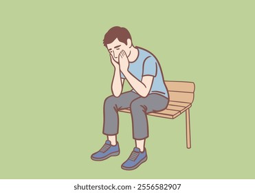 Young unhappy man sitting on bench with head in hands feeling depressed. Hand drawn style vector design illustrations.