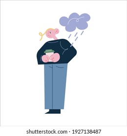Junge unglückliche Arbeiter, die mit Kaffee ins Büro gehen und Depressionen leiden