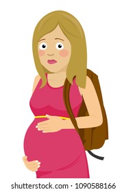 Young Unhappy Pregnant Student With College Backpack Touching Her Belly