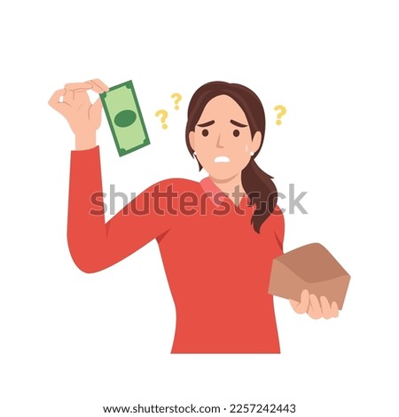 Young unhappy sad poor woman holding open empty wallet with only a dollar left. Flat vector illustration isolated on white background