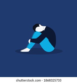 Young unhappy, sad teenage male sitting and holding his knees.  A depressed lonely  boy. Vector illustration in flat cartoon style.