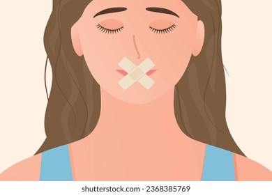 joven infeliz, disgustada mujer con la boca pegada; concepto de violencia en el hogar, falta de libertad, incapacidad de hablar - ilustración vectorial