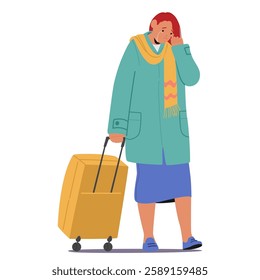 Young unhappy woman cartoon character feeling sadness crying walking with luggage suitcase while leaving home. Divorce, family destroying and separation, relationship breakdown vector illustration