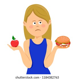 Young unhappy woman chooses between junk food and healthy diet