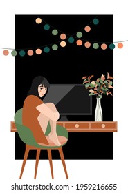 Young unhappy woman dressed in casual clothes sitting in chair. Female sad character at home. Home cozy office. Wooden table, computer, glass bottle with growth, garland. Vector illustration.