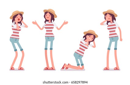 Young unhappy woman wearing leisure summer fit, trendy stripe print, beach shoes, feeling bad, puzzled, confused, negative emotions. Vector flat style cartoon illustration, isolated, white background