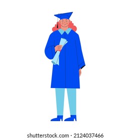 Young university graduate woman holding a diploma of education. Frustrated, offended student in a blue graduation gown. Vector trendy isolated illustration. Class off 2022.