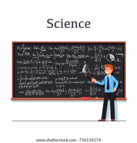 Young university professor standing in front of chalkboard filled with formulas giving lecture on mathematics. Explaining integral calculus theory proof. Flat style isolated vector illustration.