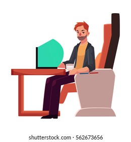 Young unshaved man working on his laptop in business class airplane seat, cartoon vector illustration on white background. Male passenger, young man seating in airplane business class with laptop