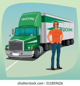 Young unshaved truck driver in full body. In the background cargo transport vehicle, box truck or lorry, with streamlined cab. Concept trucking or shipping. Vector illustration