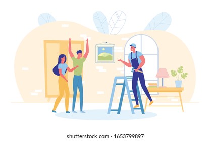 Young Unskillful Family, Man And Woman Cartoon Characters Joyful With Professional Repairman Coming. Home Repair, Improvement And Fixing Business Services. Flat Vector Cartoon Illustration.