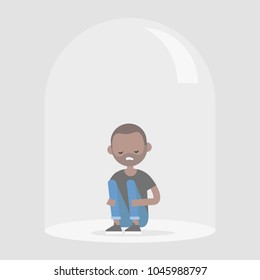 Young upset black character sitting under the glass dome. Introvert. Depression. Flat editable vector illustration, clip art