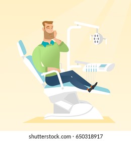 Young upset caucasian patient visiting dentist because of toothache. Sad patient suffering from toothache. Sorrowful man having a strong toothache. Vector flat design illustration. Square layout.