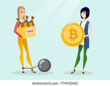 Young upset chained caucasian white business woman holding bags with taxes while another business woman holding bitcoin coin symbolizing tax-free in payment by bitcoins. Vector cartoon illustration.