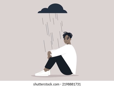 A Young Upset Character Hugging Their Knees, A Black Rain Cloud Hovering Above Them