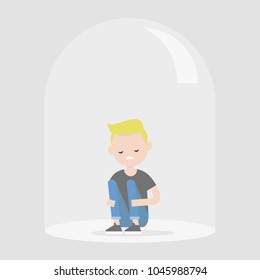 Young upset character sitting under the glass dome. Introvert. Depression. Flat editable vector illustration, clip art