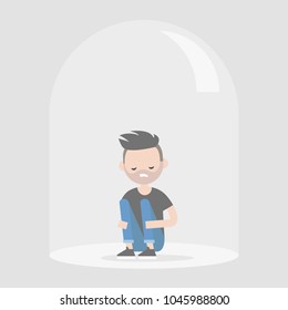 Young upset character sitting under the glass dome. Introvert. Depression. Flat editable vector illustration, clip art