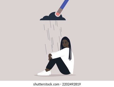 A young upset female African character hugging their knees, a pencil eraser erasing a black rain cloud hovering above them, the process of recovering after a great loss