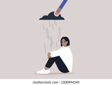 A young upset female Caucasian character hugging their knees, a pencil eraser erasing a black rain cloud hovering above them, the process of recovering after a great loss