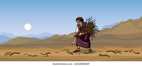 Young upset Jew widow Israel Muslim arab man arm hold rustic tree plant job sun sky Hand drawn retro biblic art sad Asian male maid raise timber slave lady lift up farm land lumber straw hot warm fire