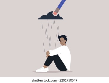 A young upset male Caucasian character hugging their knees, a pencil eraser erasing a black rain cloud hovering above them, the process of recovering after a great loss
