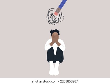 A young upset male Caucasian character hugging their knees, a pencil eraser erasing a scribble hovering above them, the process of recovering after a great loss