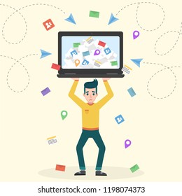 Young upset man holding a laptop over the head. Information overload vector concept. Flat design illustration of receiving too much email correspondence.