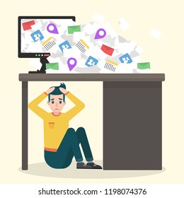 Young upset man sitting under the table. Information overload vector concept. Flat design illustration of receiving too much email correspondence.