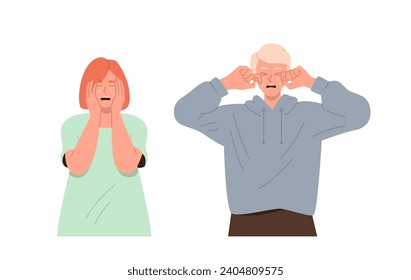 Young upset man and woman cartoon characters crying and sobbing wiping tears vector illustration