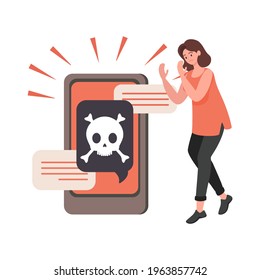 Young upset woman with hacked smartphone vector flat illustration. Someone stealing woman personal information, financial data, login, and password. Cyber crime, internet fraud concept.