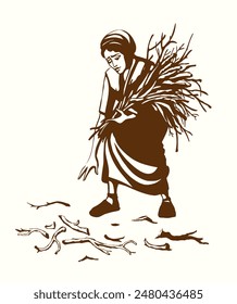 Young upset worry Jew widow east Israel Muslim Arab man arm hold rustic tree plant job White drawn art sad Asian Jewish male maid slave lady raise timber lift up clean lumber straw warm make fire heat