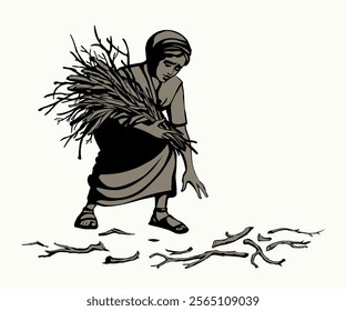 Young upset worry Jew widow east Israel Muslim Arab man arm hold rustic tree plant job White drawn art sad Asian Jewish male maid slave lady raise timber lift up clean lumber straw warm make fire heat