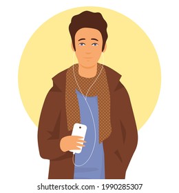 Young urban man teenager listens to music with headphones. In the hands of a smartphone. Vector cartoon illustration of modern character