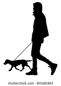Young urban man walking dog vector silhouette illustration isolated on white background. Outdoor recreation with pet. Best friend concept. Back view boy with guardian dog pore breed. 