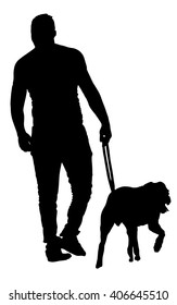 Young urban man walking dog vector silhouette illustration isolated on white background. Outdoor recreation with pet. Best friend concept. Back view boy with guardian dog pore breed. Rottweiler.