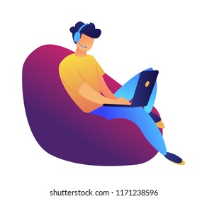 Young user in headphones working with laptop in armchair vector illustration. Freelancer and teamwork communication, programmer and designer, gamer and blogger concept. Isolated on white background.
