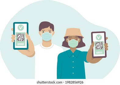 Young vaccinated people using digital health passports. Adult man and woman showing an app in mobile phone. Immunization certificate with qr code on device screen. Green immunity pass. Flat vector 