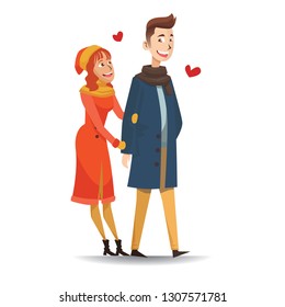 YOUNG VALENTINE COUPLE WALKING TOGETHER WEARING COAT