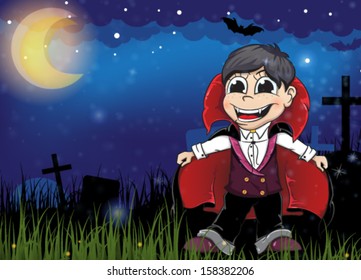 Young vampire on a night cemetery. Halloween night scene