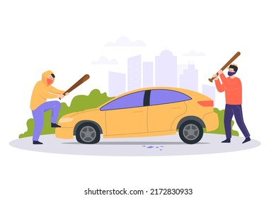 Young vandals in masks destroying car flat vector illustration. Two men, hooligans or robbers in hoodies beating auto with club. Vandalism, damage, criminal, destruction, aggression concept