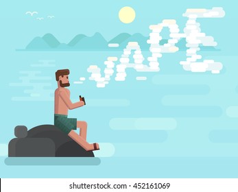 A young vaper sitting on the rocks by the sea and vaping electronic cigarette