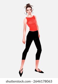 The young vector elegant beautiful fashion girl in modern casual clothes, posing. Stylish look. Hand drawn trendy style female character in elegant outfit. Creative art for fashionable design. 